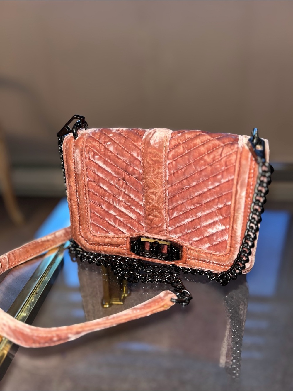 Rebecca Minkoff Quilted Velvet Crossbody in Dusty Rose perfect for Fall 🍂